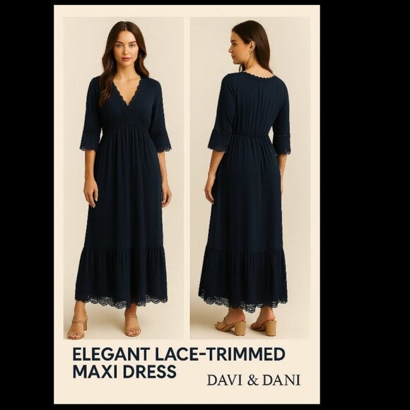 NWT Davi & Dani Dark Blue Lace-Trimmed Maxi Dress - Picture 2 of 13